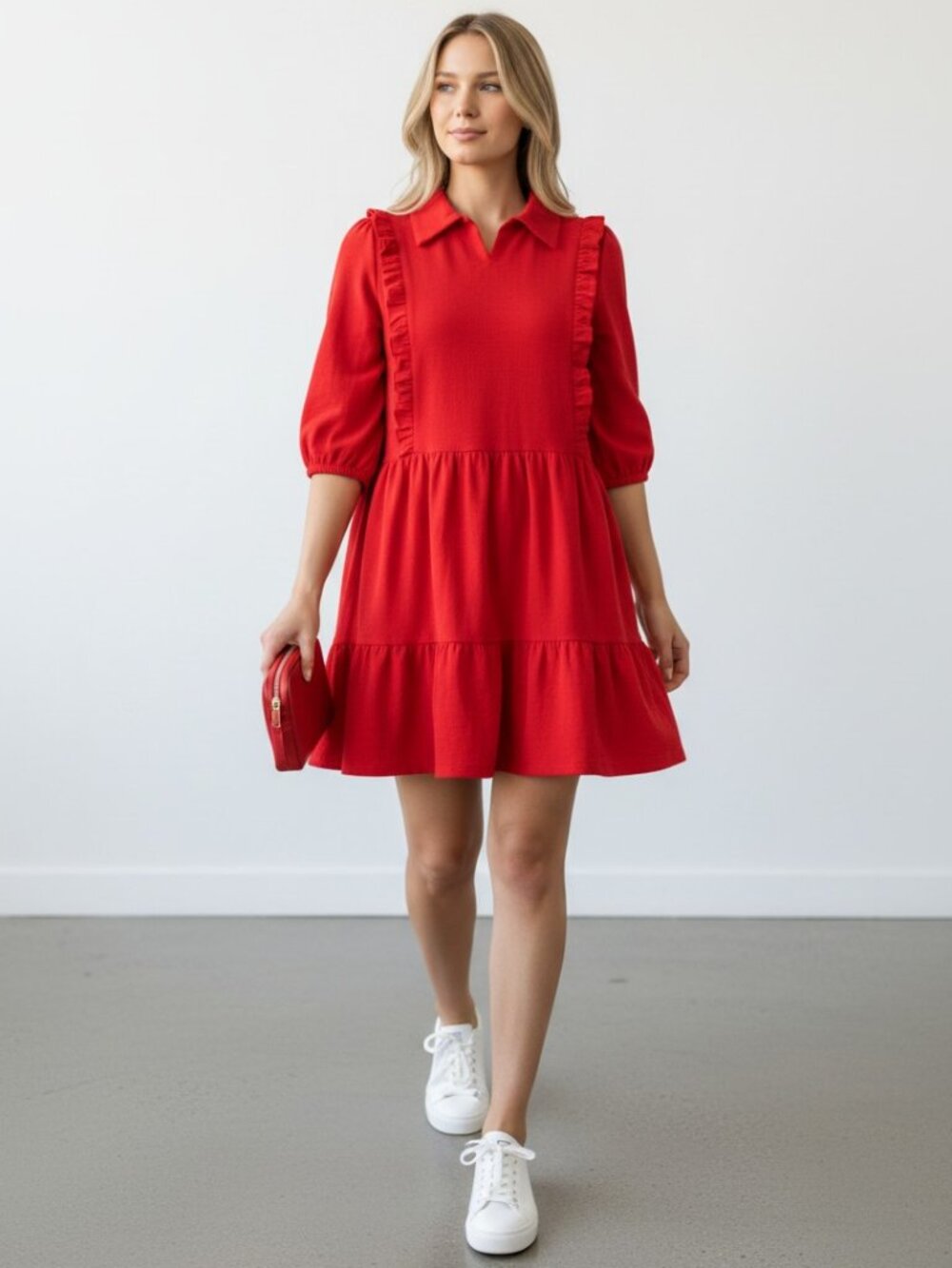 Umgee NWT Red Babydoll Mini Dress Ruffle Collar Cotton Sz M
